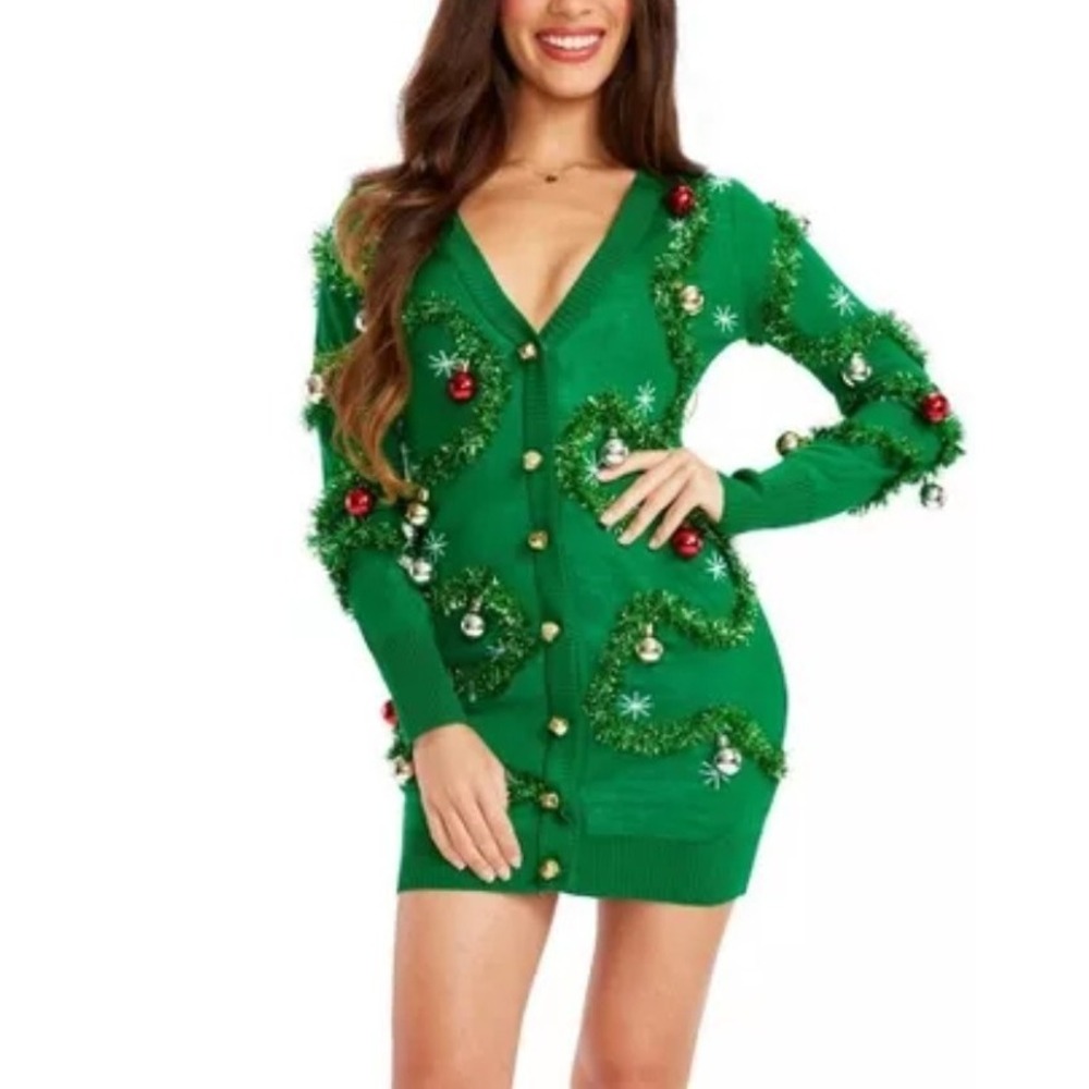 New Tipsy Elves Gaudy Garland Sweater Dress Christmas Ugly Tinsel Ornaments XXL‎